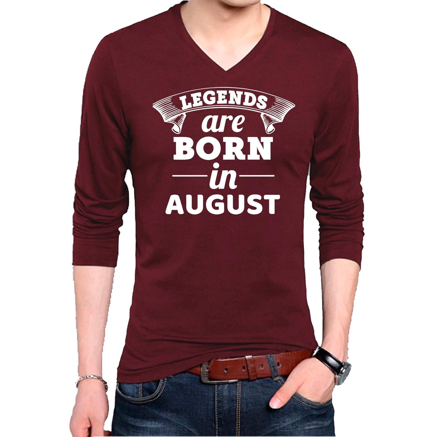 t shirt - full sleeve v neck birthday gift legends are born in august printed cotton t shirt - maroon full hand v neck cotton t shirt