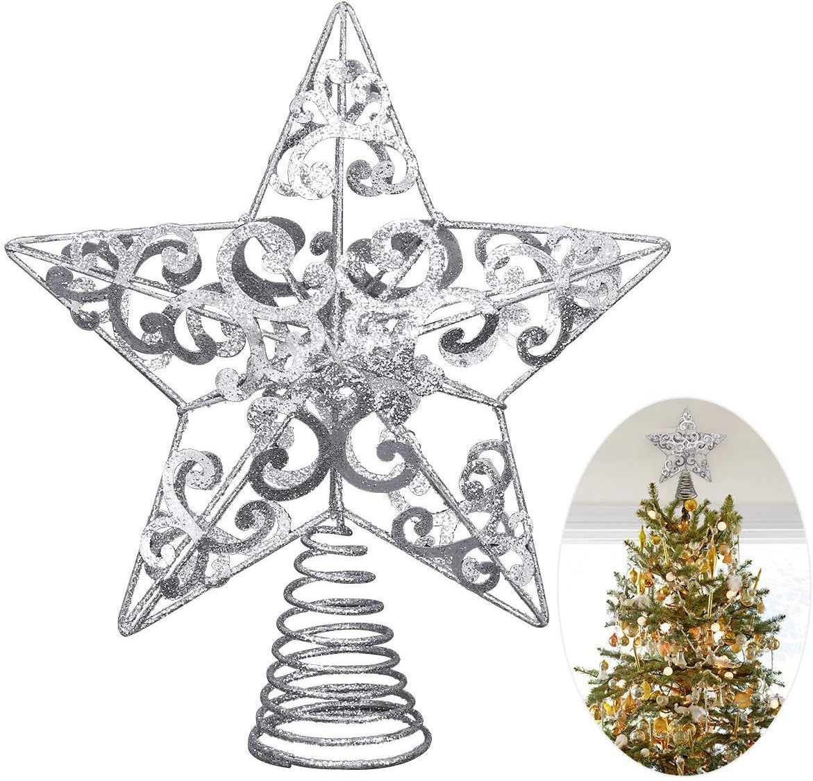Tree Toppers - Christmas Star Tree Topper - 8 Inches Silver Glitter Christmas Tree Ornaments Metal Hollow Star for Christmas Tree Decoration