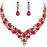 BriLove Women's Wedding Bridal Austrian Crystal Teardrop Cluster Statement Necklace Dangle Earrings Jewelry Set