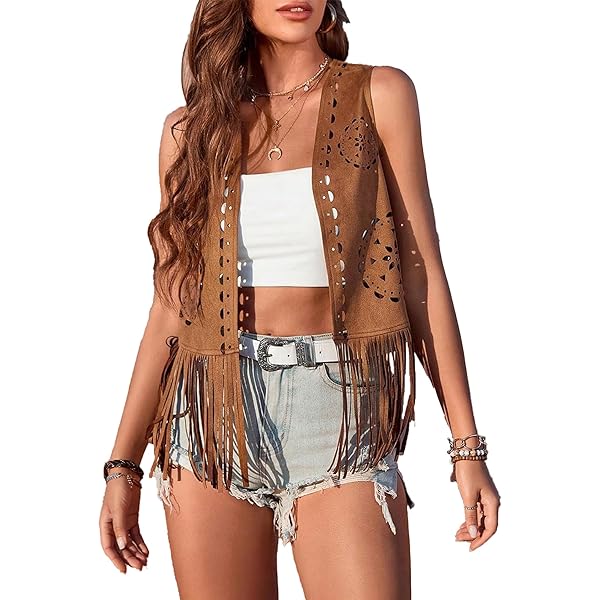 1589 Women Tassel Fringe Vests 70s Hippie Faux Suede Sleeveless Fringed Jacket Women main image 2