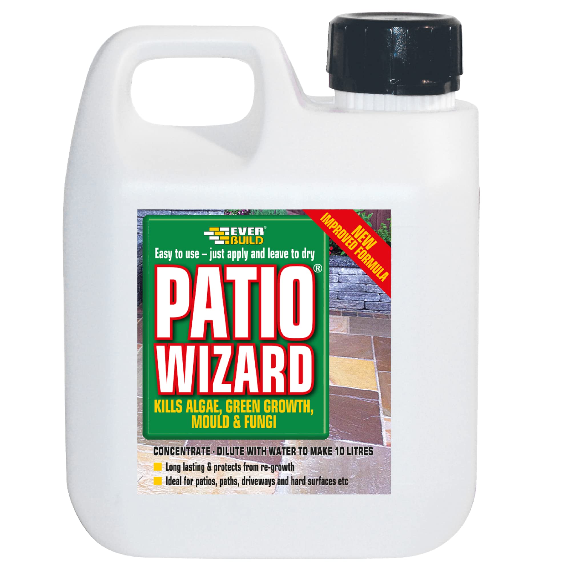 Everbuild – Patio Wizard – Concentrated Algae, Green Growth and Mould Killer – Outdoor use – Ideal for Paved Areas – Non-Hazardous – Fast-acting – 1 Litre