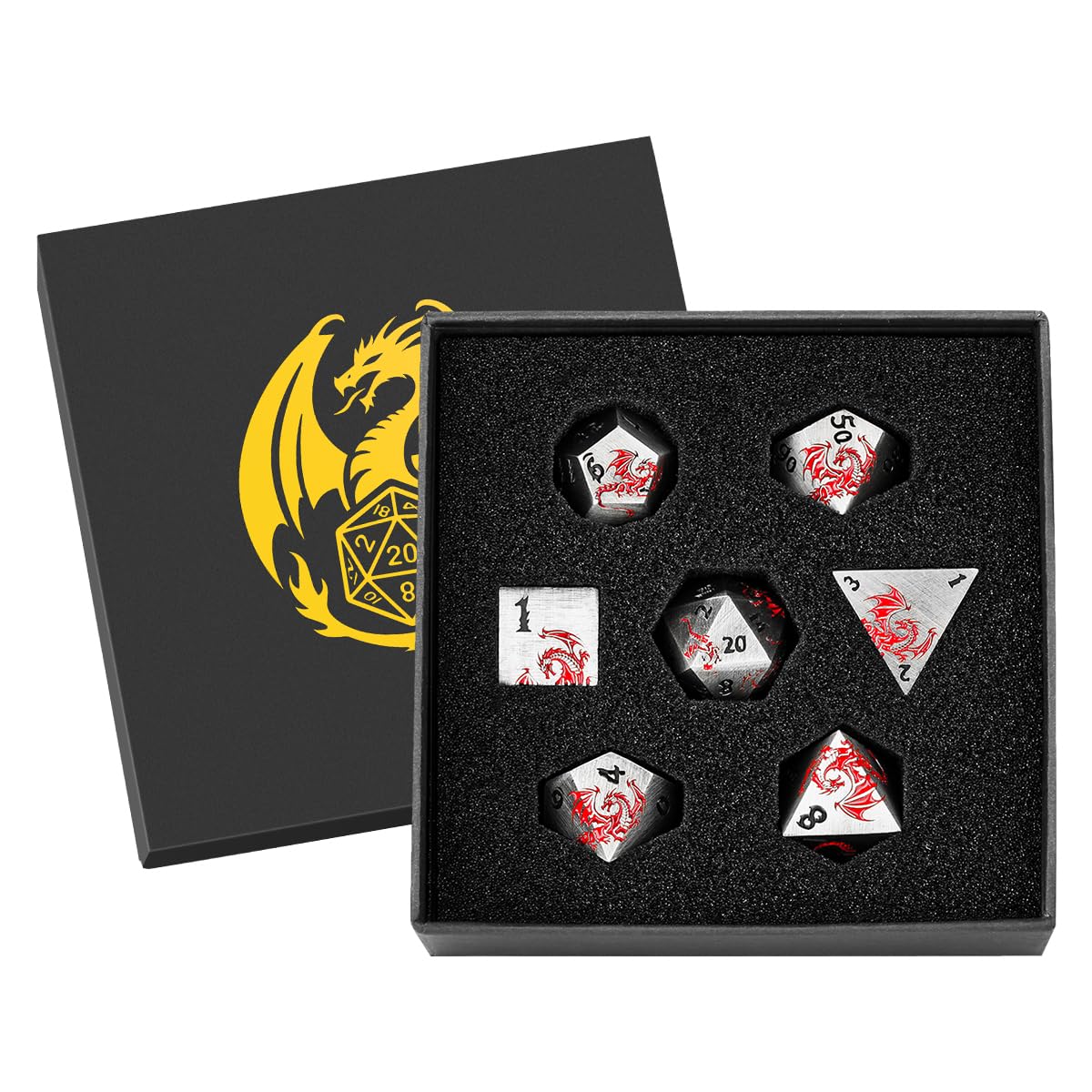 Metal Dice Set, Flat Face Design Dragon Pattern, 7pcs Polyhedral Metal DND Dice Set, DND Starter Set, D&D Gifts with Gift Box, Role Playing Board Games Accessories, Silver โ image 1