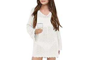 XUBA Girl Cover Up Crochet Swimwear V Neck Knit Long Sleeves Summer Beachwear Cover Tops