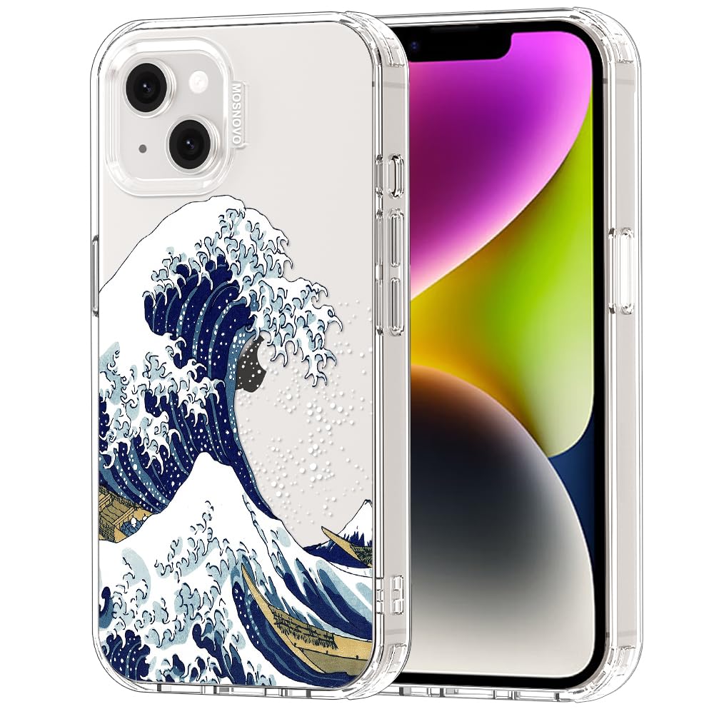 MOSNOVO Case for iPhone 13/14, [Buffertech 6.6ft Military-Grade Drop Protection] [Anti Peel Off Tech] Clear TPU Bumper Phone Case Cover Design - Great Wave — image 1