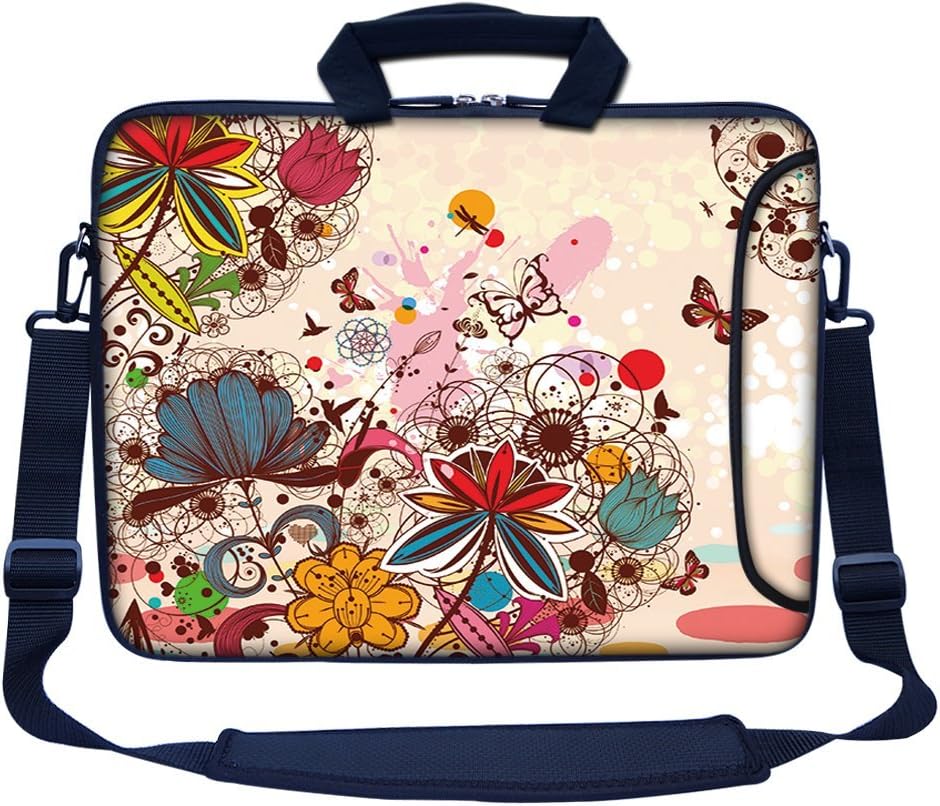 Meffort Inc 17 17.3 inch Neoprene Laptop Bag Sleeve with Extra Side Pocket, Soft Carrying Handle & Removable Shoulder Strap for 16" to 17.3" Size Notebook Computer (Colorful Flower Butterfly)