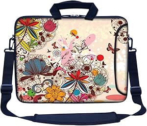 Meffort Inc 17 17.3 inch Neoprene Laptop Bag Sleeve with Extra Side Pocket, Soft Carrying Handle & Removable Shoulder Strap for 16" to 17.3" Size Notebook Computer (Colorful Flower Butterfly)