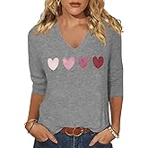 Vircreate Womens 3/4 Sleeve V Neck T-Shirts Valentina's Day Spring Shirts Love Heart Graphic Tee Tops
