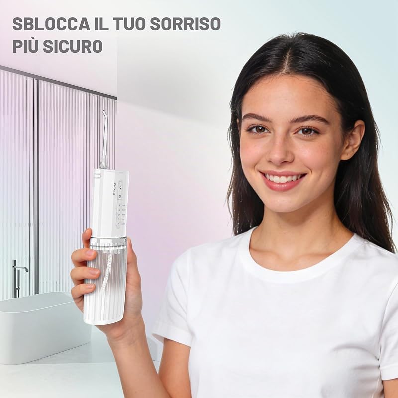 Idropulsore da viaggio, irrigatore orale tascabile senza fili, 5 modalità di pressione, 6 ugelli, design compatto ricaricabile tramite USB, irrigatore orale portatile per denti (Cloud)