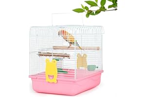 COKUUCO Small Bird Cage, Lightweight Travel Birdcages for Cockatiels - Cage Starter Kit with Stand Accessories for Parakeets Parrot Lovebirds Parrotlets Finches Canaries and More Small Animals, Pink