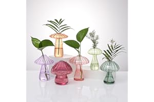 BROPGOD Mushroom Glass Vases for Indoor Plants, Set of 6 Colored Plant Propagation Stations, Mini Terrarium for Plants,Unique Small Hydroponic Pots for Flowers, Cute Decor Vase Gifts for Women