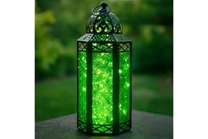 VELA LANTERNS 10.5" Metal Moroccan Decorative LED Fairy Lights Candle Lantern Holders for Indoor Home Fantasy Decor, Halloween Table Centerpieces, Outdoor Patio or Porch, Weddings, Green, Medium