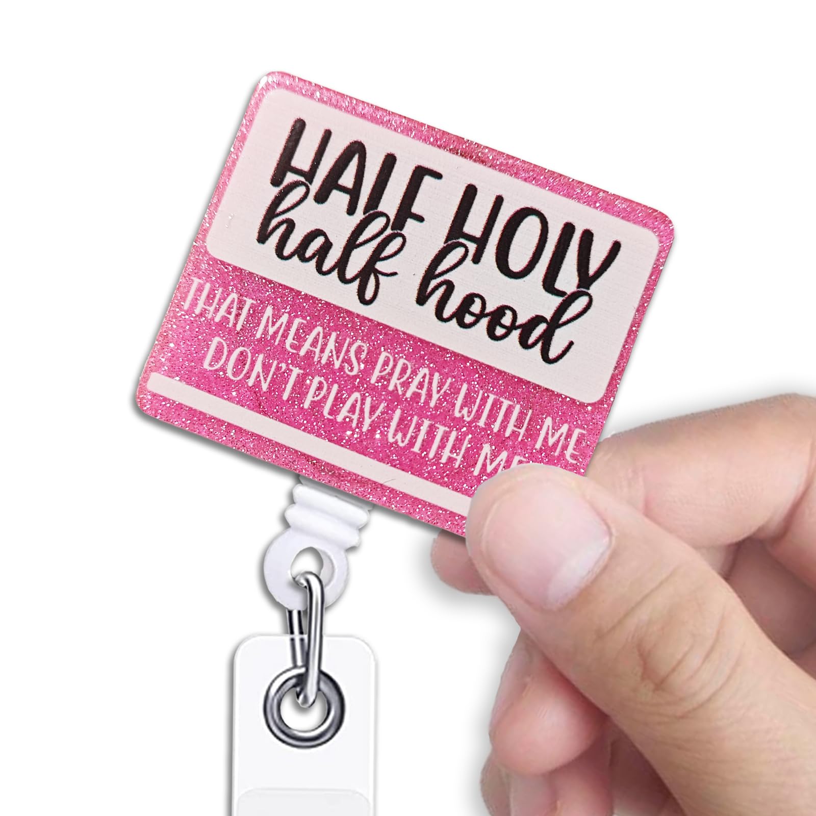 Photo 1 of KANGYUSO Funny Nurse Retractable Badge Reel, Half Holy Half Hood Pink Glitter Badge Reel with Alligator Clip, Christian Acrylic Badge, Funny ID Badge Holder Gift for Nurse Teacher Student Coworker