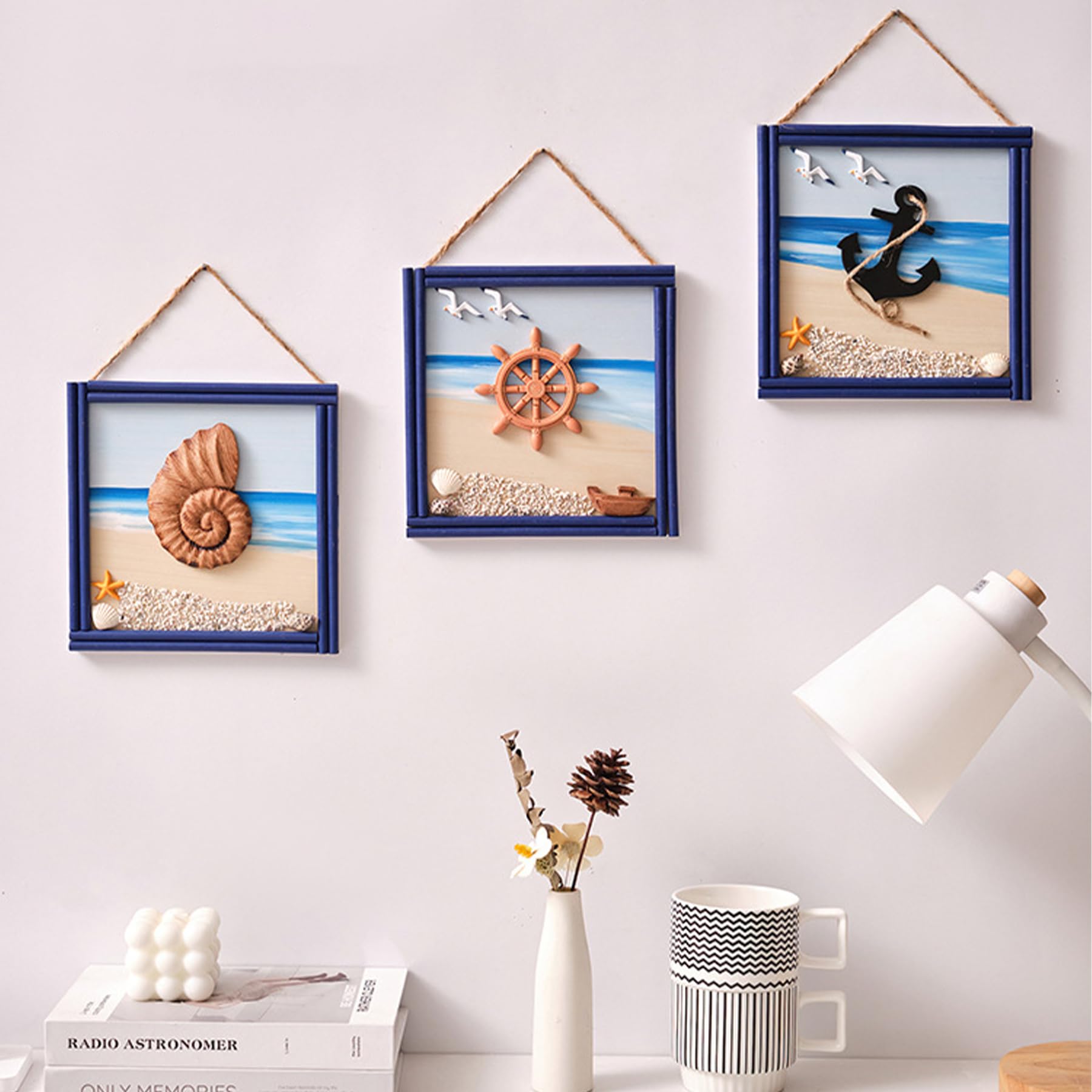Umimiss Blue Conch Helmsman Anchor Framed Set of 3 - Bathroom Wall Art, Ocean Beach Canvas Pictures for Home Decor