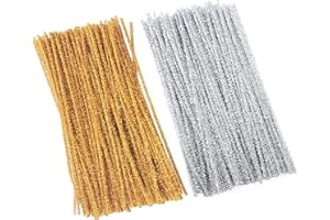 PYRISUU Gold Silver Pipe Cleaners, 200 Pieces Chenille Stems Craft, 12 inch Long Fluffy Pipe Cleaners for Creative DIY Art Craft Projects, Home Decoration Supplies (6 mm x 30 cm, Glitter Series-2 Colors)