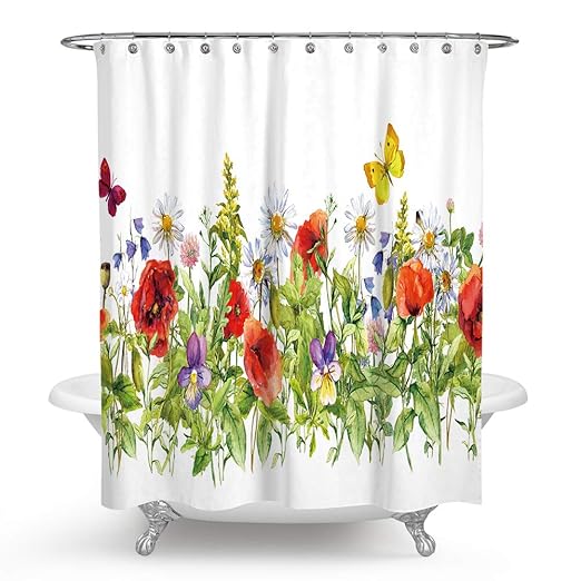 QCWN Flower Shower Curtain, Colorful Floral Border Herbs
