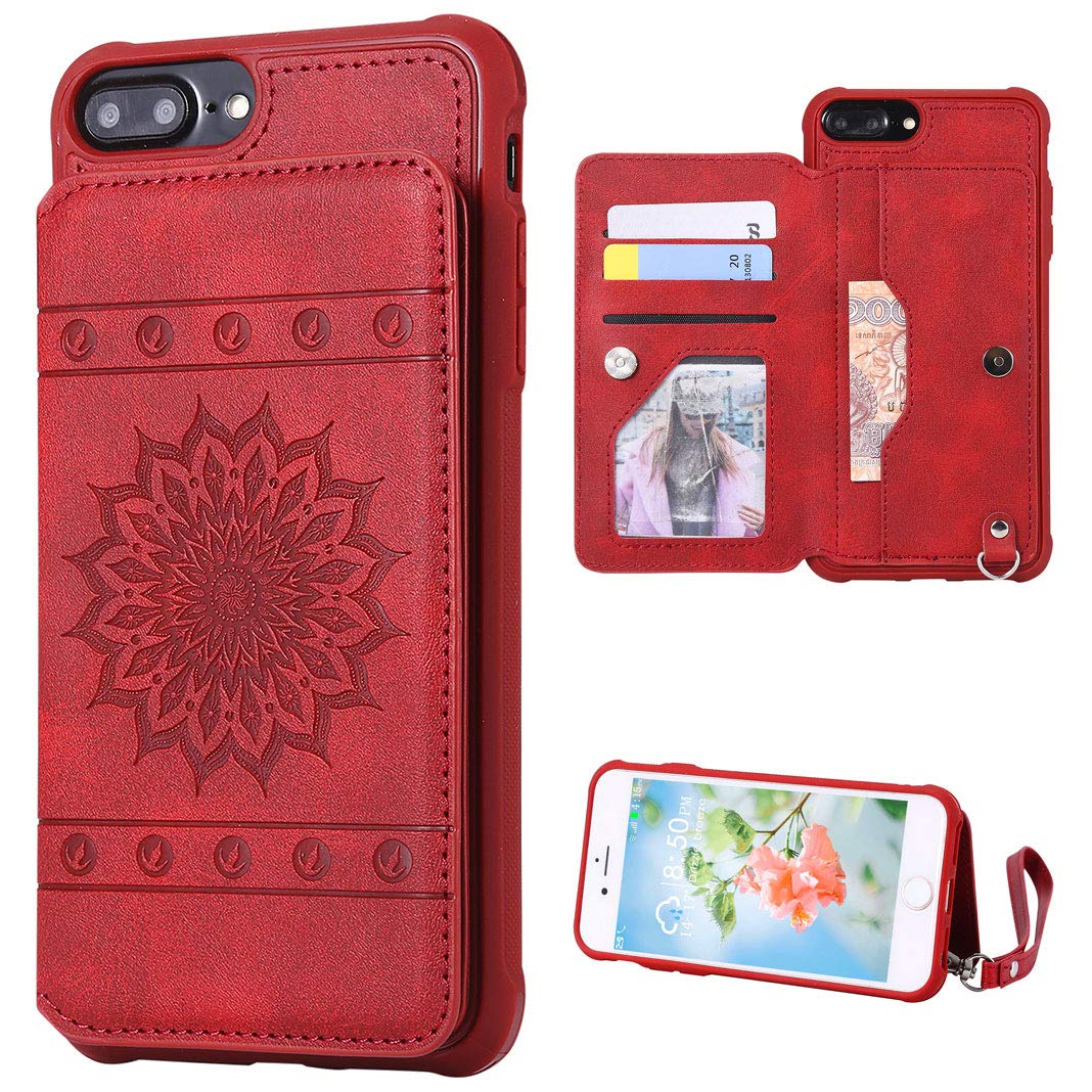 LolStore iPhone 7 Plus Case Flip, iPhone 8 Plus Case,iPhone 6 Plus Wallet Case [Kickstand and Card Holder Slots] Leather Magnetic Wallet Cover Case[ Embossed Sunflower ] 5.5 inch - Red
