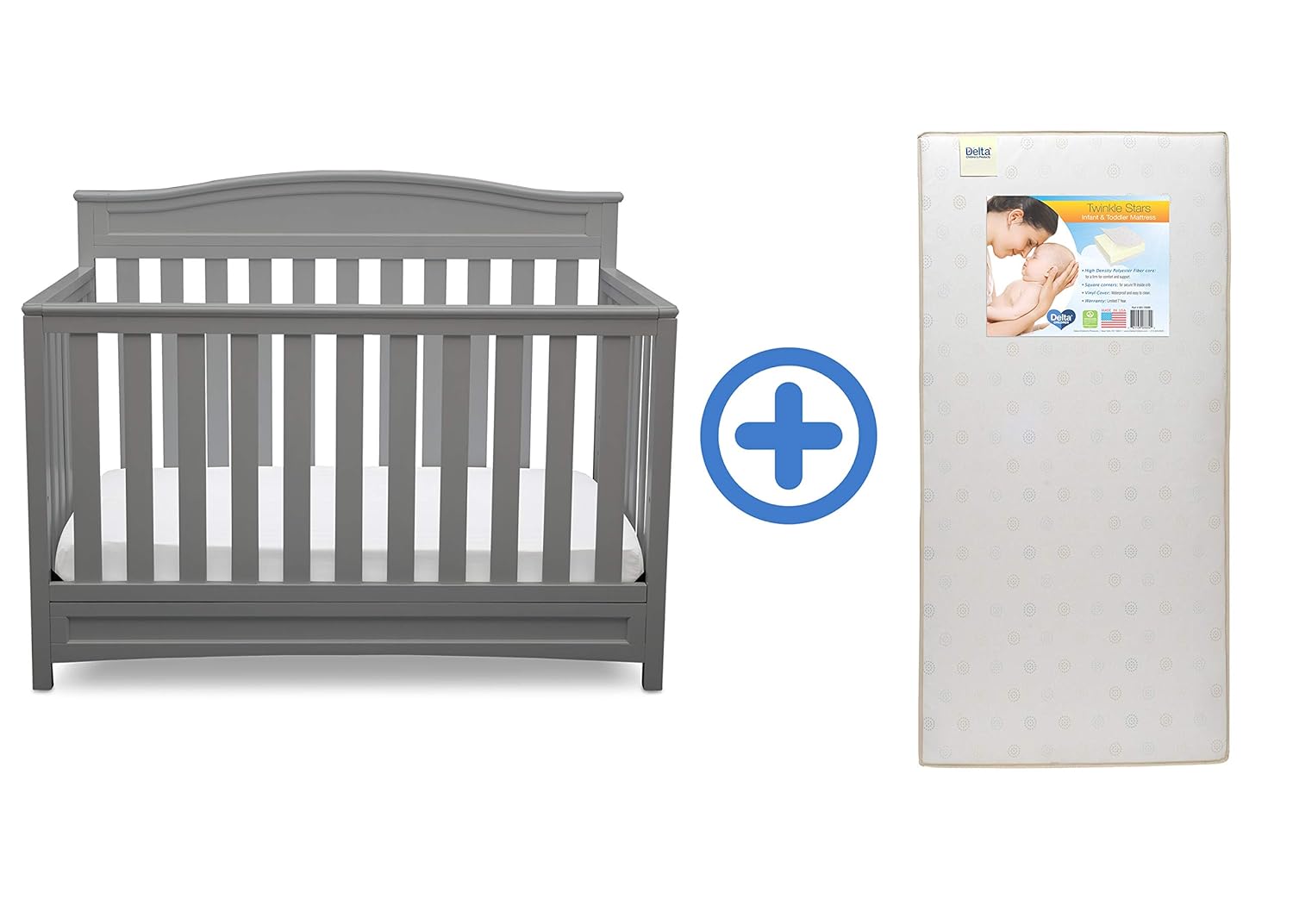 Delta Children Emery 4-in-1 Crib, Grey with Twinkle Stars Crib & Toddler Mattress