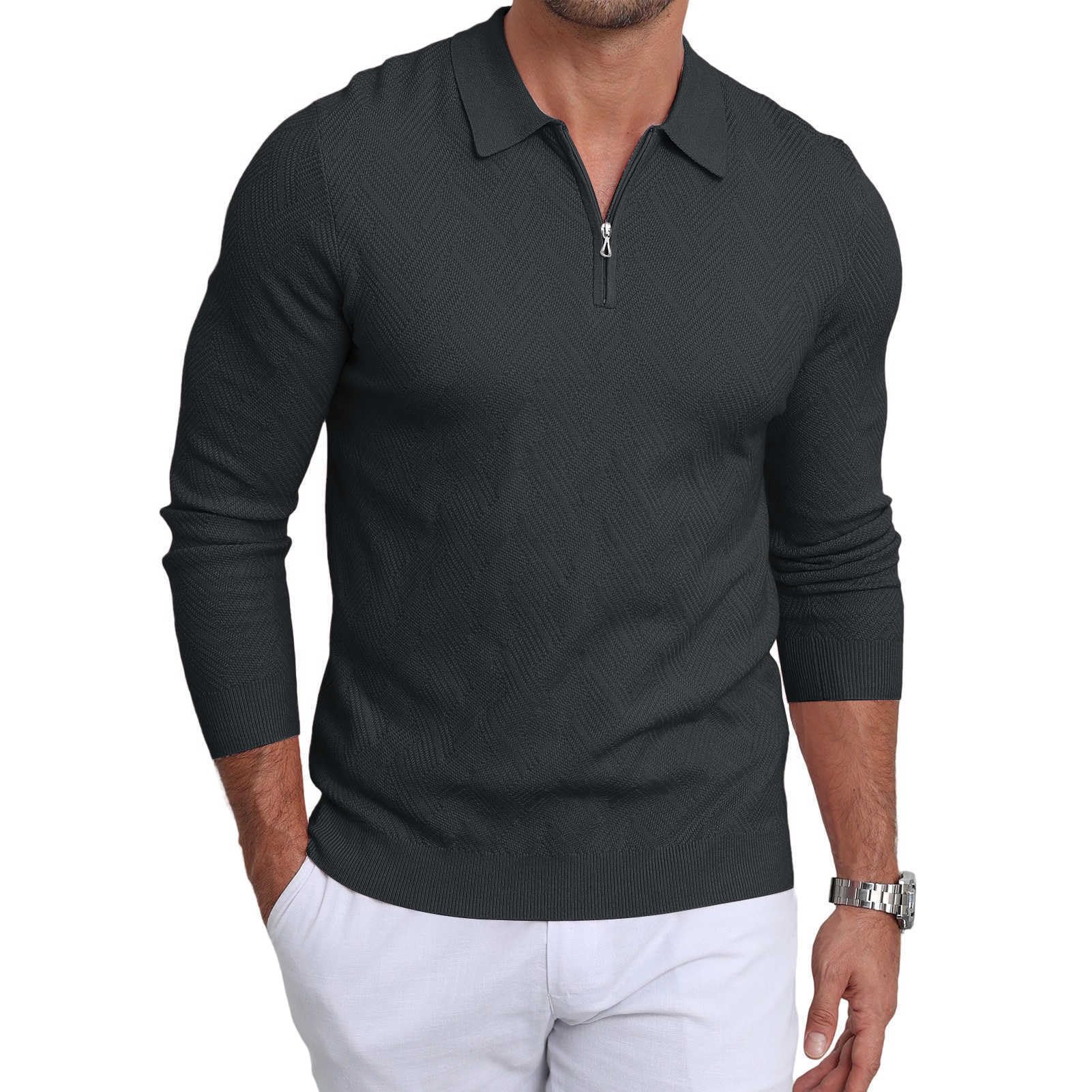 Photo 1 of Lexiart Men's Knit Polo Long Sleeve Slim Fit Textured Collared Quarter Zip Sweater Casual Lightweight Dark Green Size M