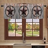 Western Country Star Valances Curtain for Kitchen Cafe, Rustic Iron Stars on Wood Barn Door Window Valance Short Curtains 42"x 18" Rod Pocket Windows Treatment Drape for Farmhouse Living Room Bedroom