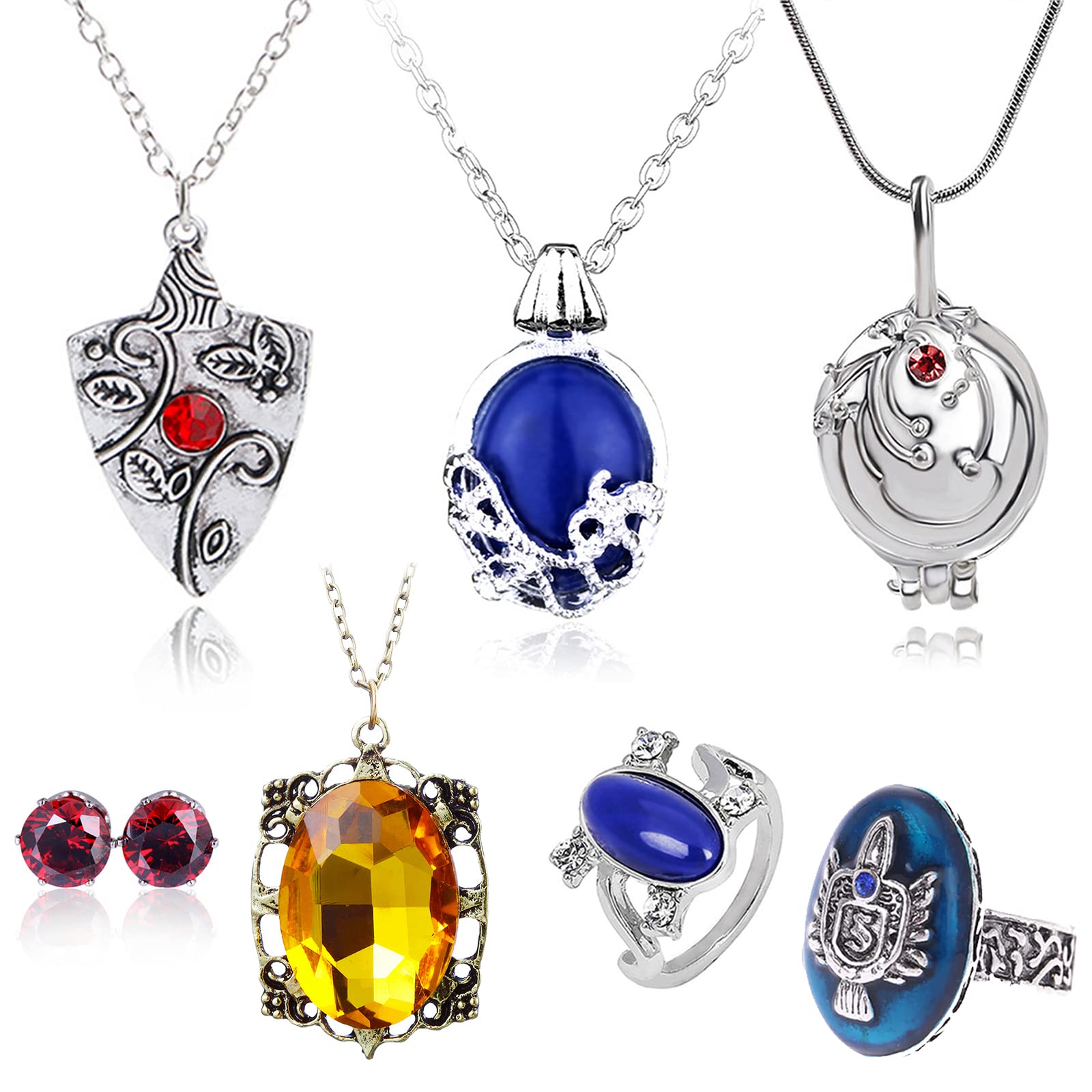 HJYZY 7 pcs Vampire Katherine Jewelry Set Daywalking Sapphire Cosplay Elena Opening Vervain Locket Bonnie Necklaces Damon Stefan finger Family Crest Ring Diamond Stud Earrings