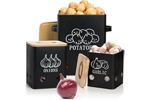 WUWEOT 3 Pack Vegetable Storage Tins, Potato Onion Garlic Storage Canister, Black Metal Vegetable Fresh Keeper Caddy, Kitchen