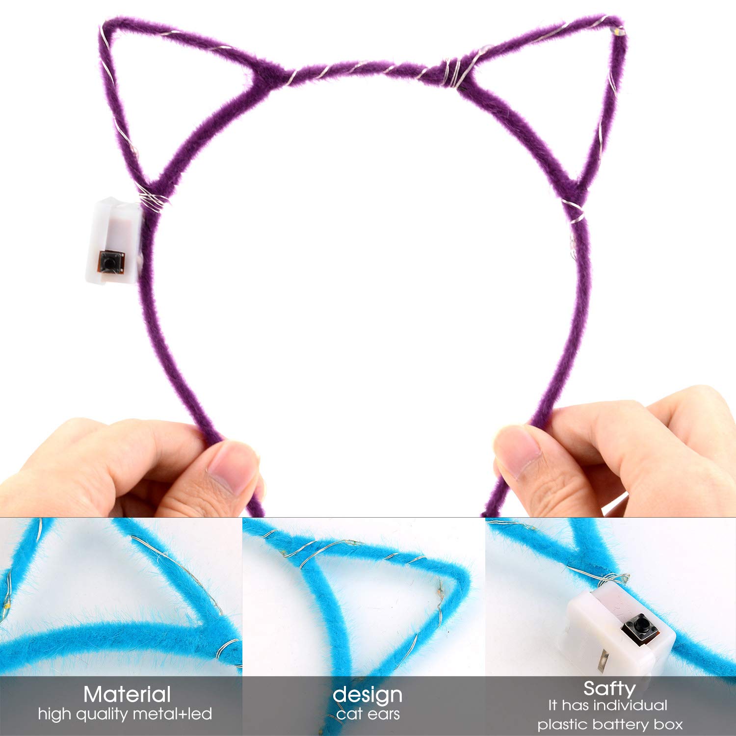 Kapmore LED Cat Ear Headband, 10 Pack Cute Light Up Cat Ear Headdress Hairbands Halloween Christmas Party Decorations Hair Accessories for Girls Adult