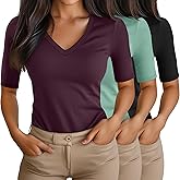 Ficerd 3 Pack Women's Half Sleeve V Neck T Shirts, Elbow Length Shirt Slim Fit Tunic Top Short Sleeve Casual Summer Tee(Black, Gray Green, Burgundy Red,XX-Large)
