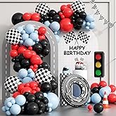 132pcs Race Car Balloons Arch Garland Kit, 18 12 10 5Inch Red Blue Black Checkered Wheel Tire Balloons for Race Car Birthday Party Decorations Two Fast Birthday Decor