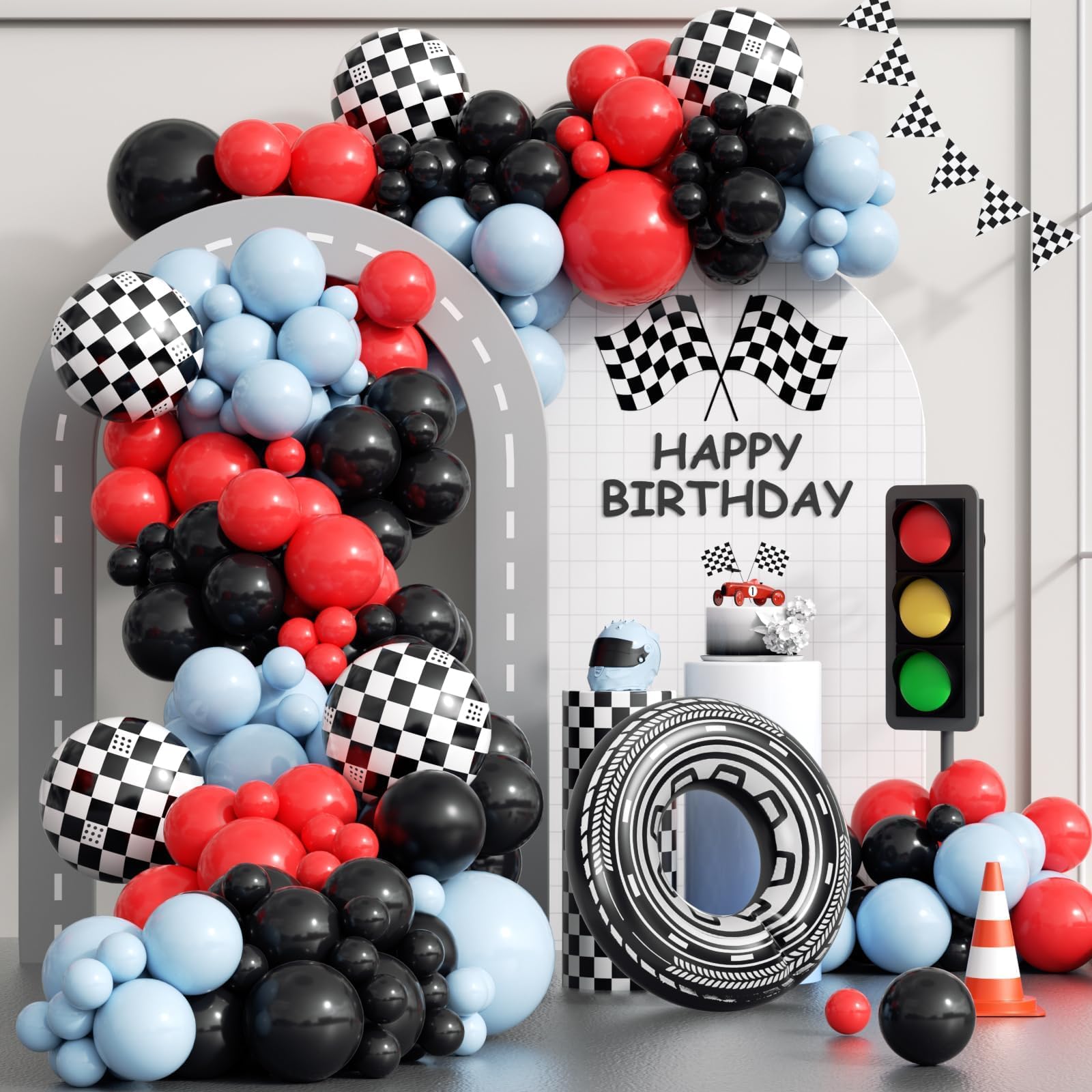 Photo 1 of 132pcs Race Car Balloons Arch Garland Kit, 18 12 10 5Inch Red Blue Black Checkered Wheel Tire Balloons for Race Car Birthday Party Decorations Two Fast Birthday Decor