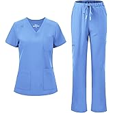 floralhue Scrubs for Women, V-Neck Scrubs Top & Cargo Pants with 12 Pockets, Yoga Waistband, 4 Way Stretch