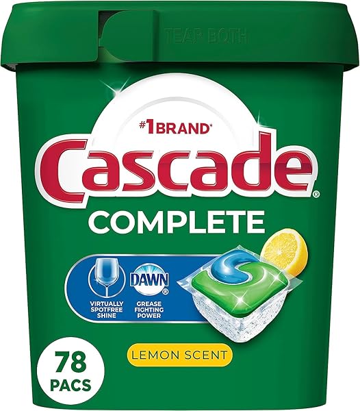 CASCADE COMPLETE DISHWASHER PODS, DISHWASHER DETERGENT, LEMON SCENT ACTIONPACS, CLEANING SUPPLIES, 78 COUNT