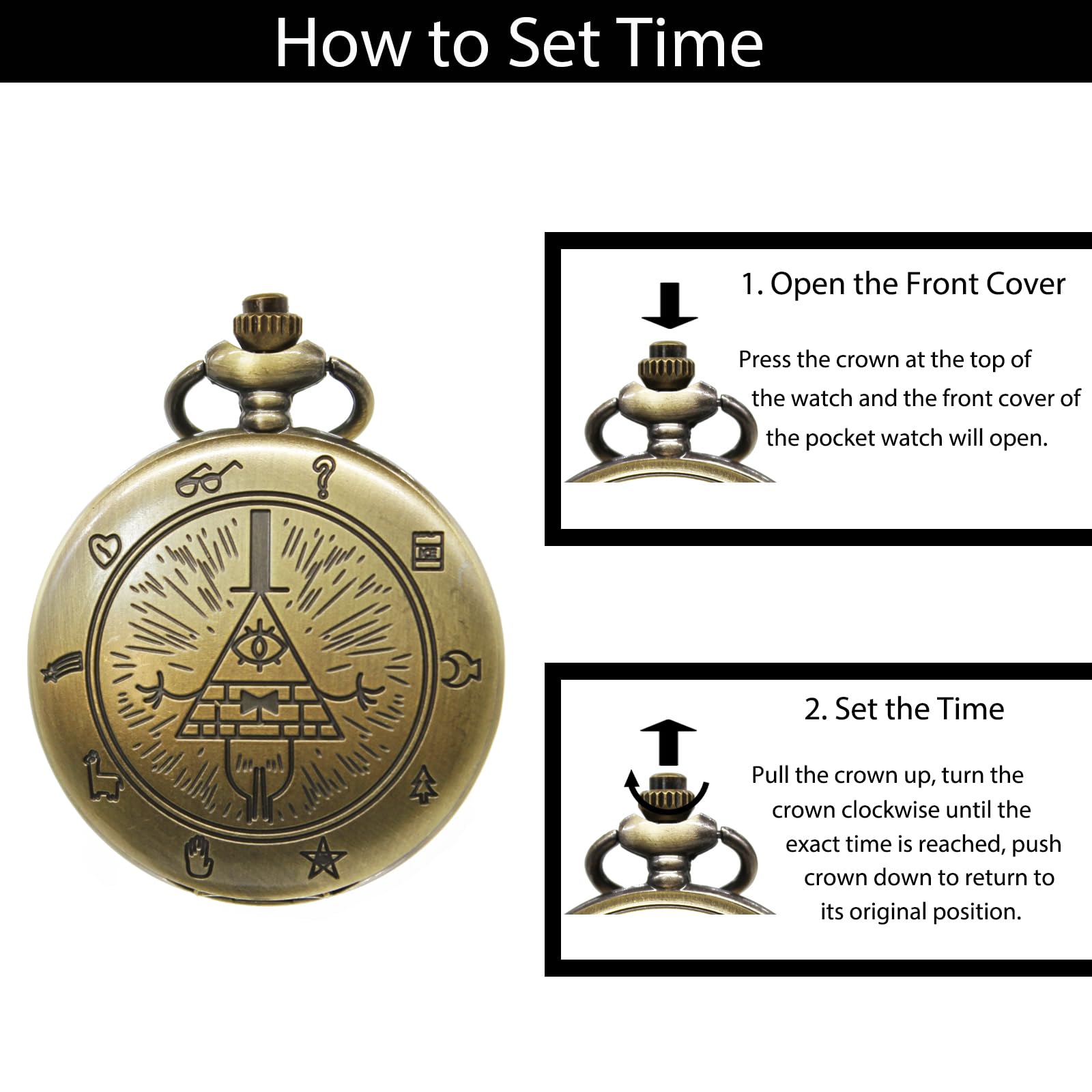 Vintage Pocket Watch, Gravity Falls - Bill Cipher Pocket Watch with Chain for Men Women