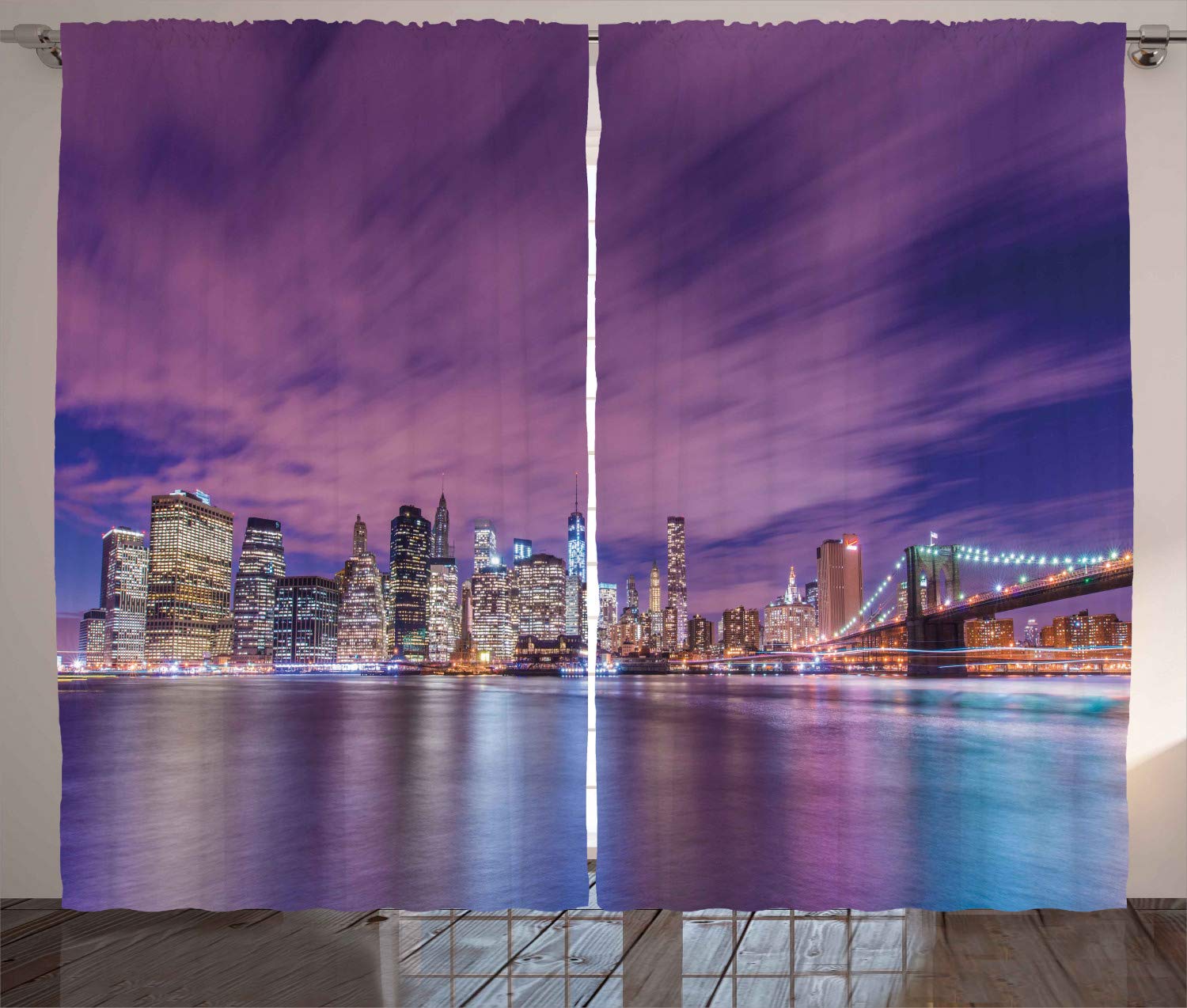 ABAKUHAUS Modern Curtains, New York City Skyline at Night with Skyscrapers Manhattan USA American Panorama, Living Room Bedroom Window Drapes 2 Panel Set, 280 x 225 cm, Purple Violet — image 1