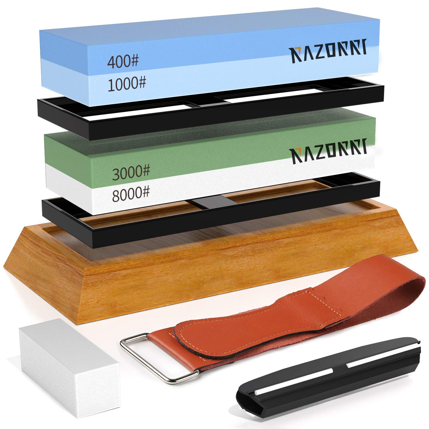 Razorri Solido 2 in 1 Knife Sharpening Stone Set | Whetstone Knifesharpener | 2 Sides Grit 400/1000, 3000/8000, with Bambu Non-Slip Base & Angle Guide | 18 x 6 x 3 cm