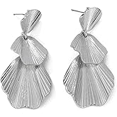 Gold Shell Tassel Statement Earrings for Women Simple Flower Texture Dangle Drop Earrings Vintage Leaf Jewelry