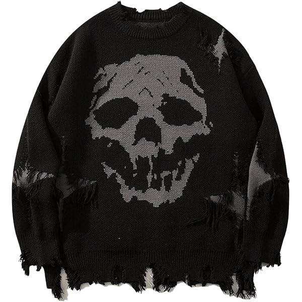 BEAUDRM Men's Skull Graphic Gothic Sweater Y2K Grunge Ripped