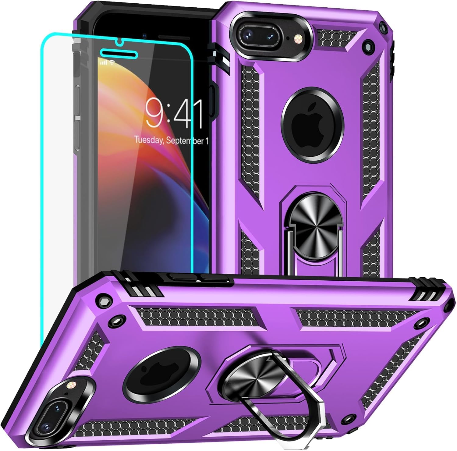 Yiakeng for iPhone 8 Plus Case with Screen Protector, Military Grade Protective Phone Cover with Ring Holder Kickstand for iPhone 7 Plus / 8 Plus (Purple) โ image 1
