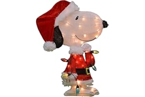 ProductWorks Peanuts Pre Lit 24 Inch Snoopy Santa Claus 3D Outdoor Indoor Christmas Lawn Yard Ornament Home Decoration with 35 Clear Lights and Stand