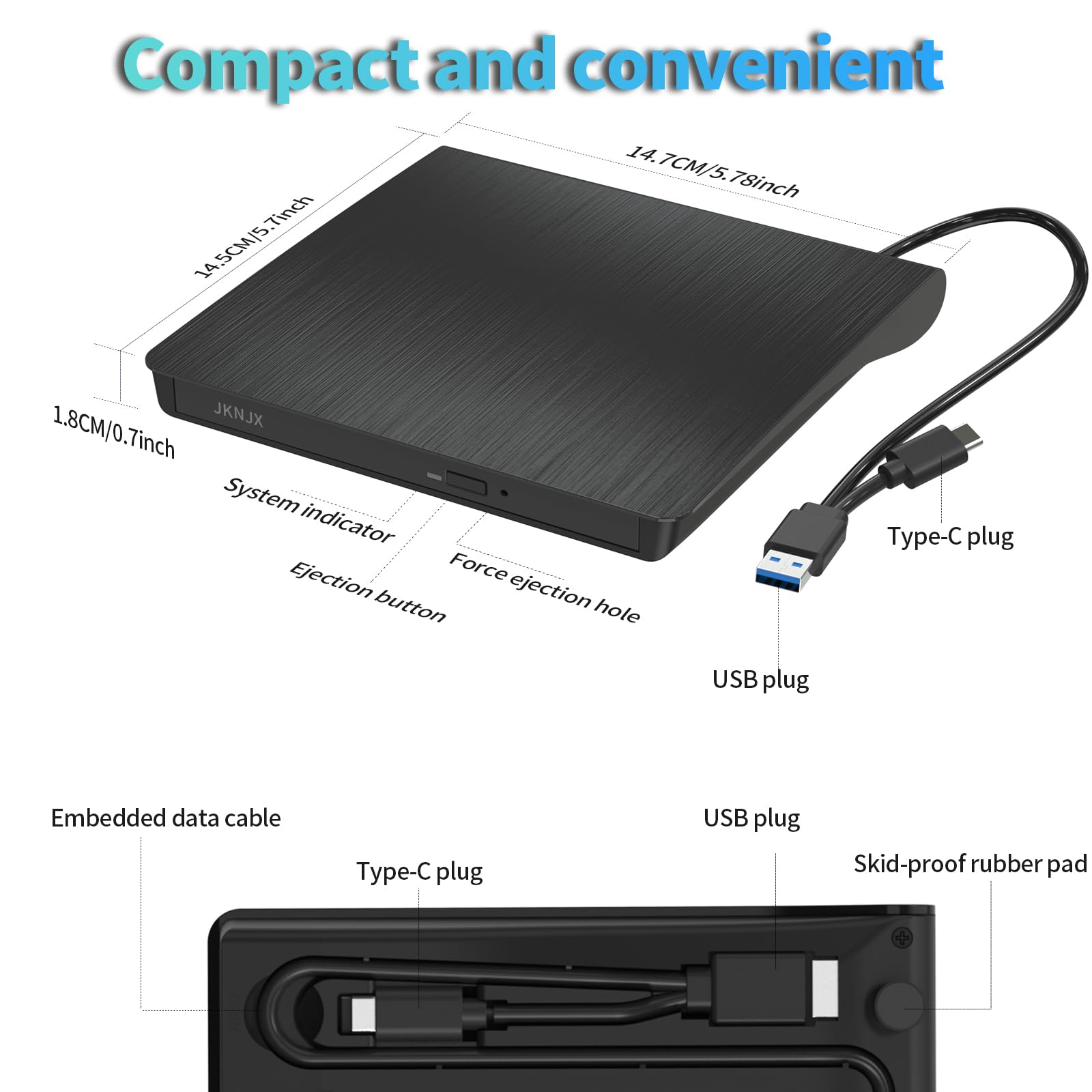JKNJX External DVD Drive,USB 3.0 and Type-C CD DVD Disc Reader Writer Burner Player,Slim and Portable CD DVD +/-RW Optical Drive for PC Laptop Desktop MacBook Mac Windows 7/8.1/10/11 Linux OS Apple