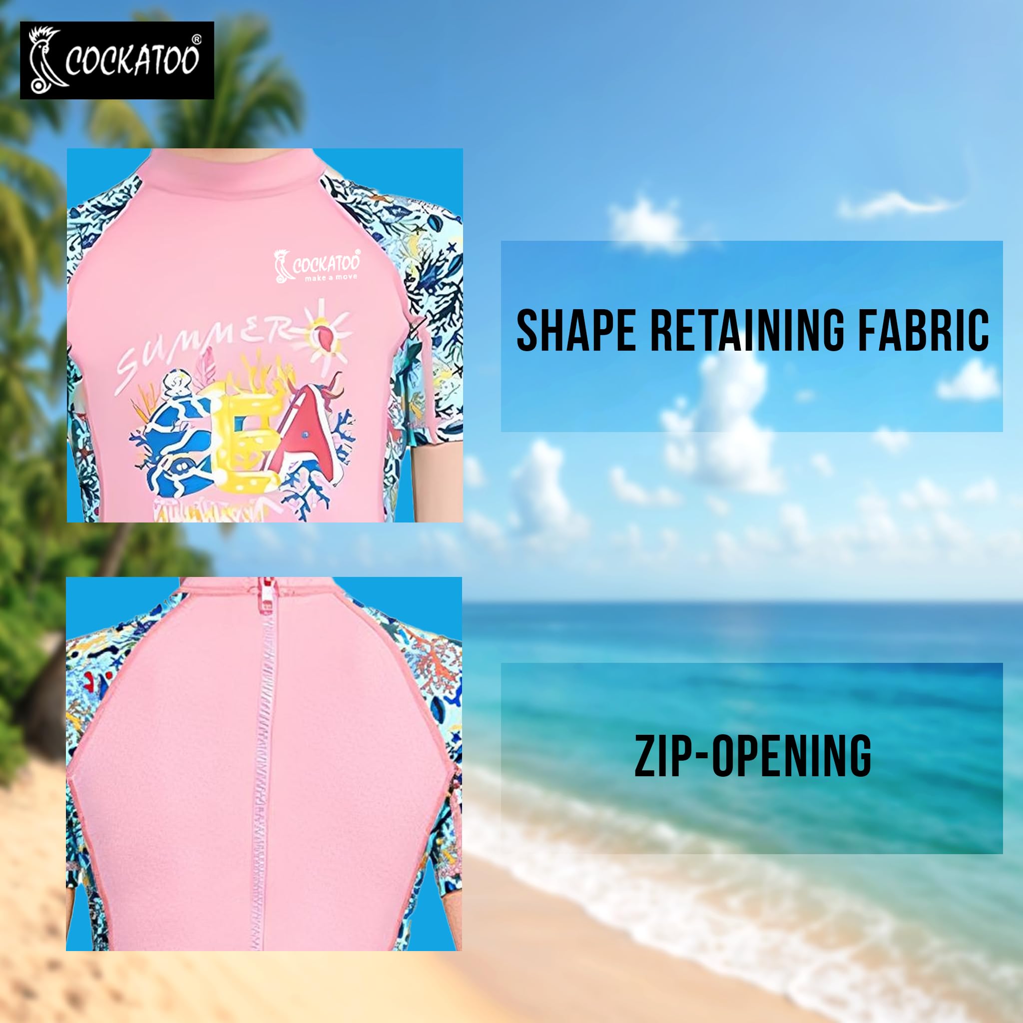 Cockatoo AD16 Swimming Costume for Girls 7-8 Years, One Pice Kids Swim Wears, Kids Half Knee Polyster Swim Suit with Back Zipper, Printed Swimming Costume for Girls, Size-L, Pink 3