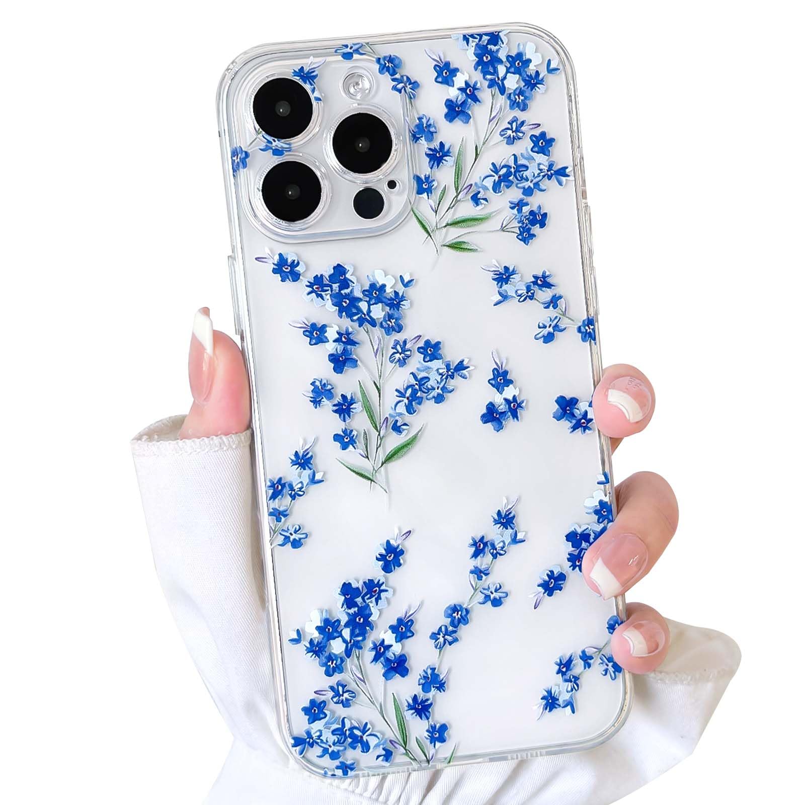 NITITOP Compatible with iPhone 16 Pro Max Case Cute Clear Flower Floral Artistic Design for Women Girls Stylish Slim Soft TPU Shockproof Protective Girly Phone Cover - Blue