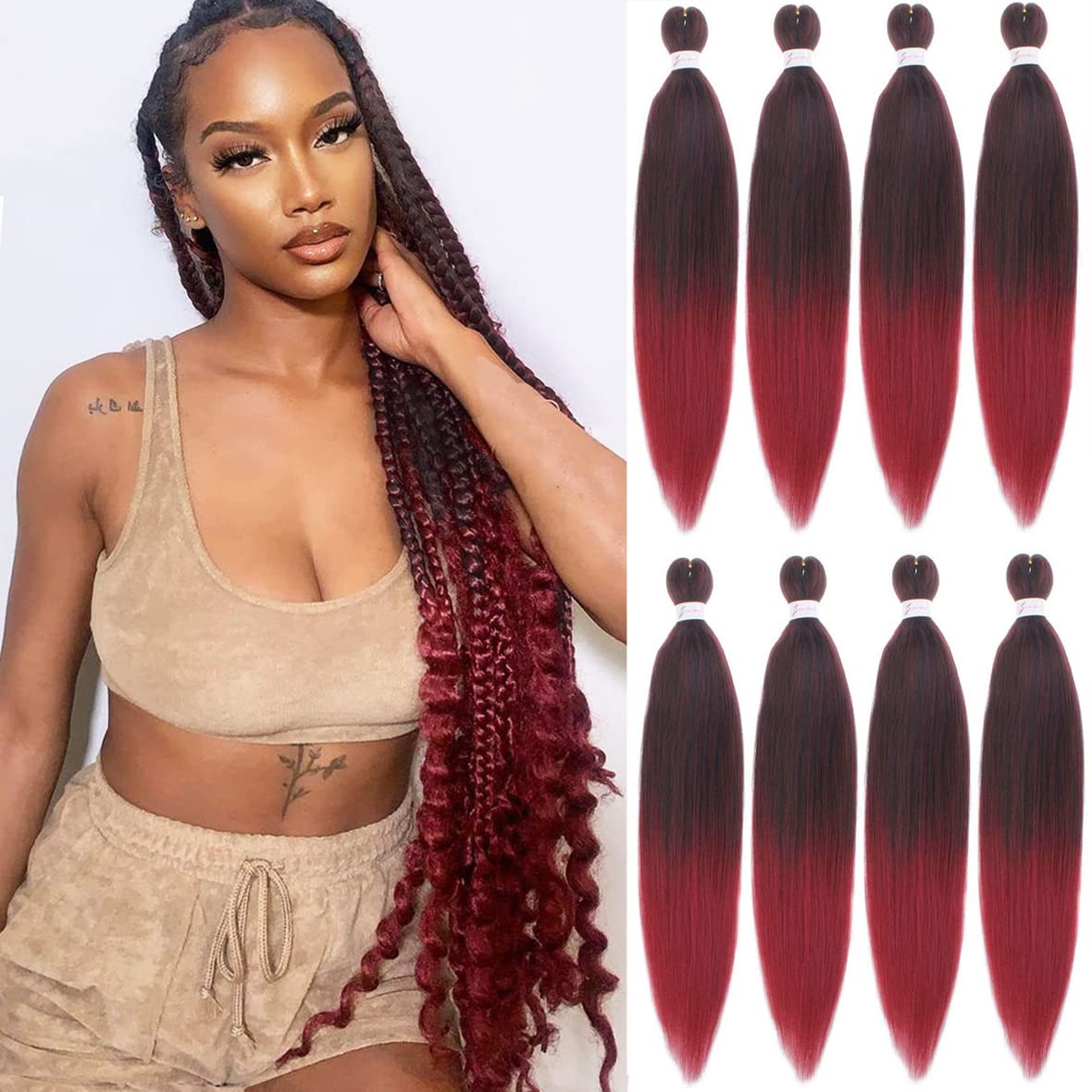 Leeven 8 Packs Pre Stretched Braiding Hair 30 Inch Yaki Texture Ombre Red Brading Hair Extensions for Box Braids Kanekalon Hair Fiber Crochet Hair Extensions for Braiding /30 Inch 1B900# โ image 1
