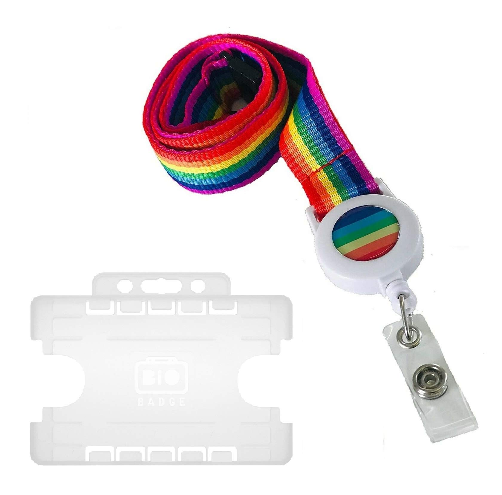 20mm Rainbow Badge Reel Lanyard with Safety Breakaway and Double Frosted Horizontal Card Holder (Rainbow)