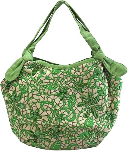 Amazon ノーブランド品 ビーズバッグ ミニ ハンドメイド フラワー プリント グリーン ノーブランド品 ハンドバッグ