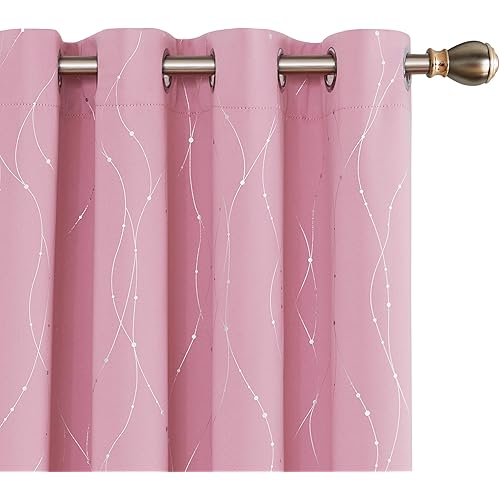 Deconovo Wave Line with Dots Foil Printed Grommet Top Blackout Curtains for Girls Room 52 x 72 Inch Baby Pink Set of 2