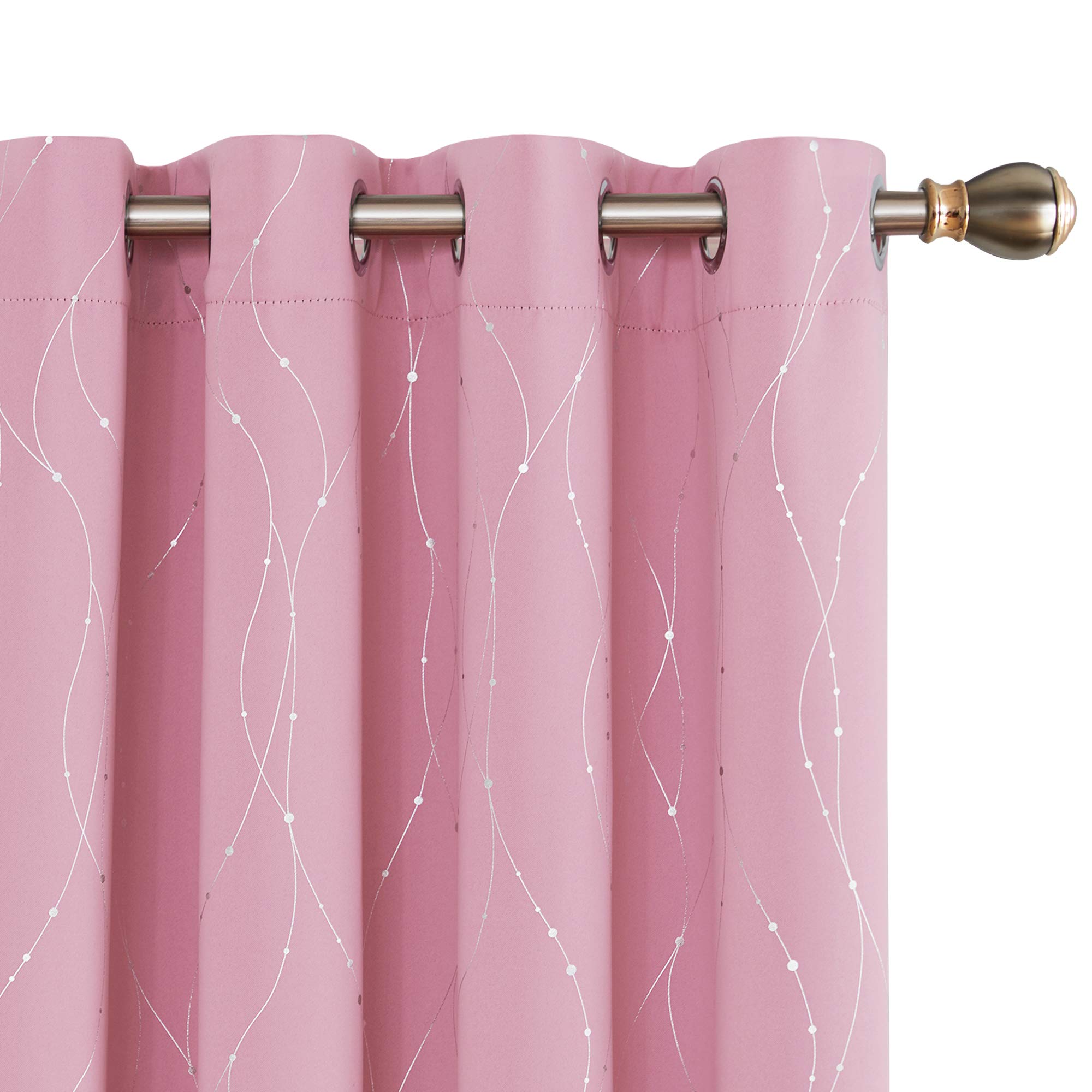 Deconovo Wave Line with Dots Foil Printed Grommet Top Blackout Curtains for Girls Room 52 x 72 Inch Baby Pink Set of 2