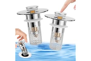Universal Pop Up Sink Drain Stopper with Filter, Stainless Steel Anti-Clog Hair Catcher, 2.32 Inch Diameter, Chrome Finish, 2