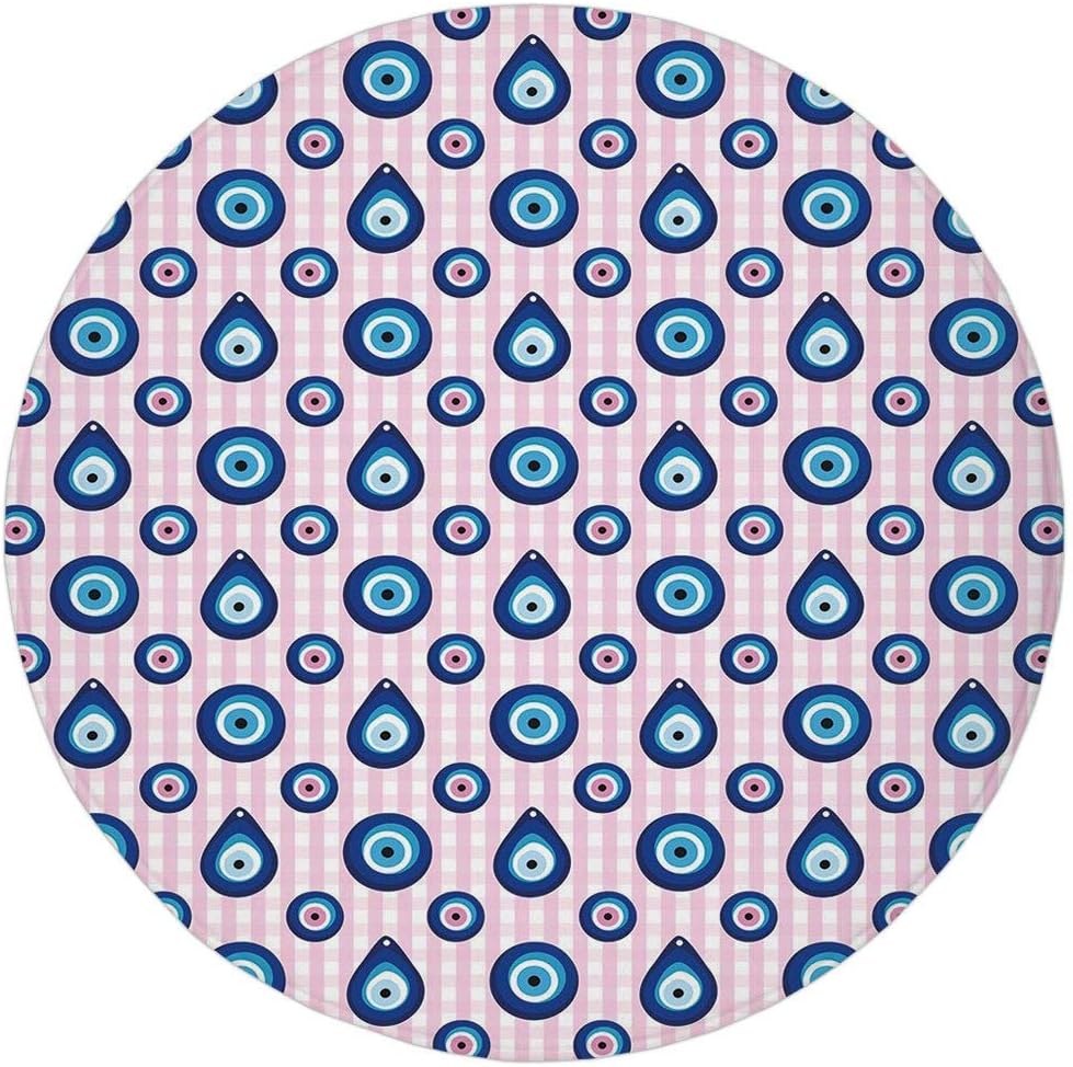 Round Rug Mat Carpet,Evil Eye,Protective Turkish Bead Figures in Different Shapes Checkered Backdrop,Light Pink Blue White,Flannel Microfiber Non-Slip Soft Absorbent,for Kitchen Floor Bathroom
