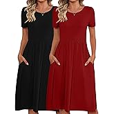 Riyiper 2 Pack Women Short Sleeve Dresses, Loose Fit Casual T Shirt Dress, Ladies Knee Length Swing Dress with Pockets