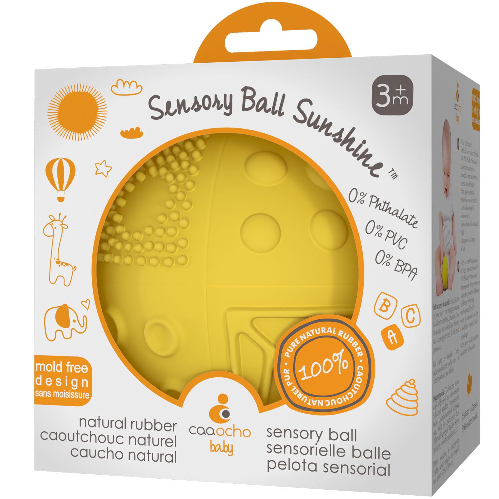 caaocho Pure Natural Rubber Sensory Ball Sunshine 8 cm - SEALED HOLE, BPA Free Baby Ball Toy, For Sensory Play, For Sensory Development, Hole Free Baby Toy, Perfect Bouncer, Without Hole